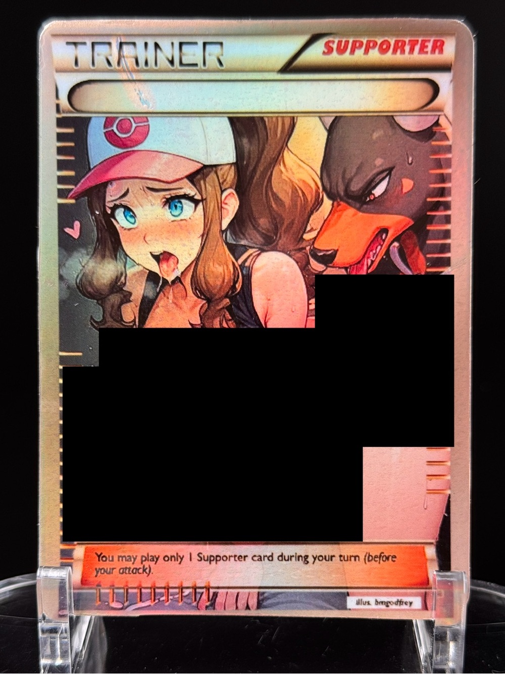 Handmade Holographic Pokemon Waifu Trainer Card Hilda and Houndoom 18+